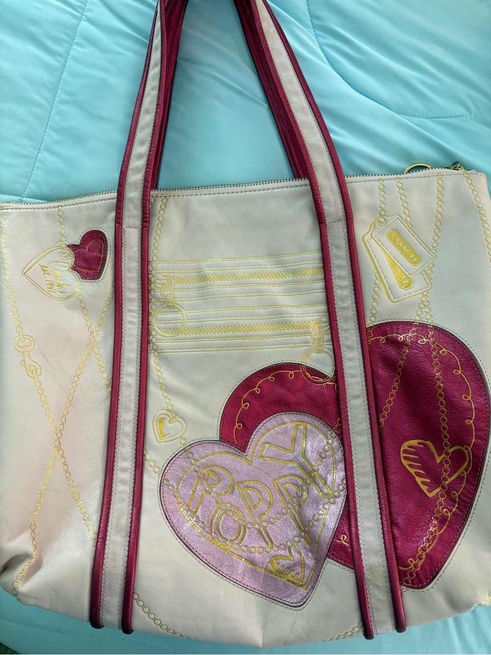 Coach Poppy vintage metallic Heart-Accent Tote Bag in Cream and Pink
